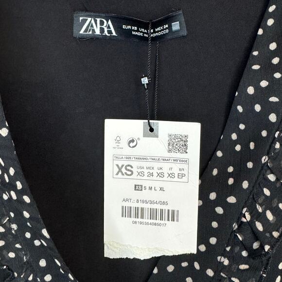 ZARA BLACK RUFFLED POLKA DOT PRINT DRESS WITH BUTTONS SIZE XS - Picture 6 of 15